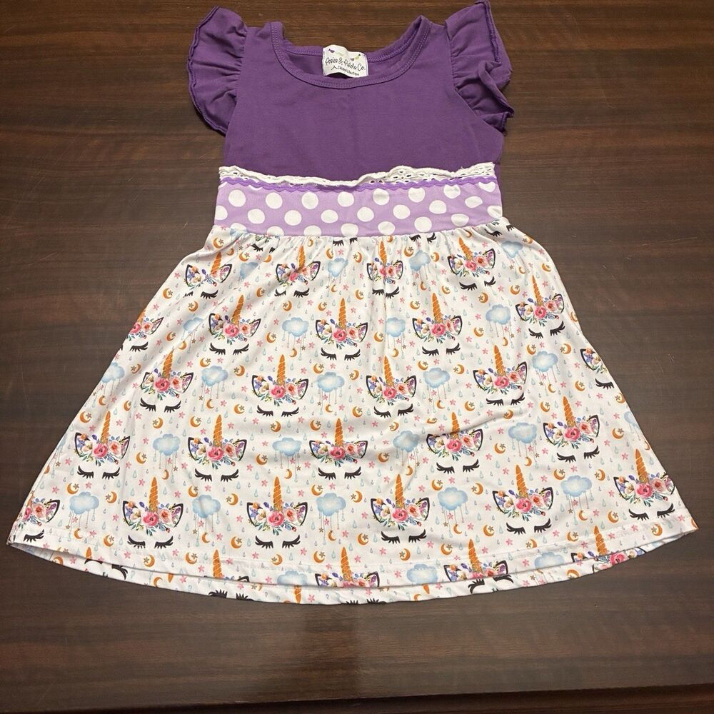 Posies and Pistols Co. Little Girls Purple Unicorn Short Sleeve Dress. Size 2T